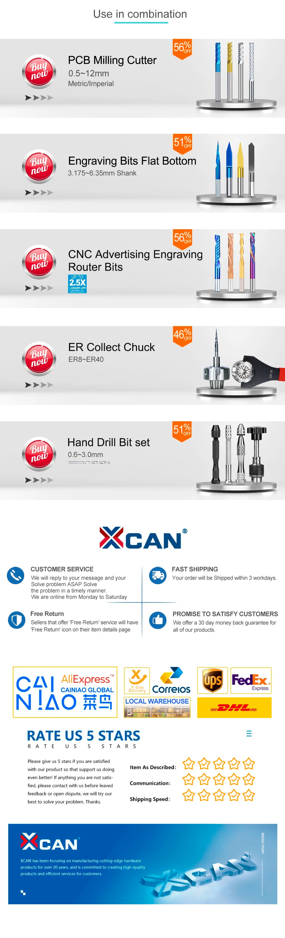 XCAN 10Stk/Set 0.3mm bis 1.2mm PCB Mini Bohrer Bit Wolfram Stahl Hartmetall für Print Schaltkreis Board CNC Bohrer Bits Maschine