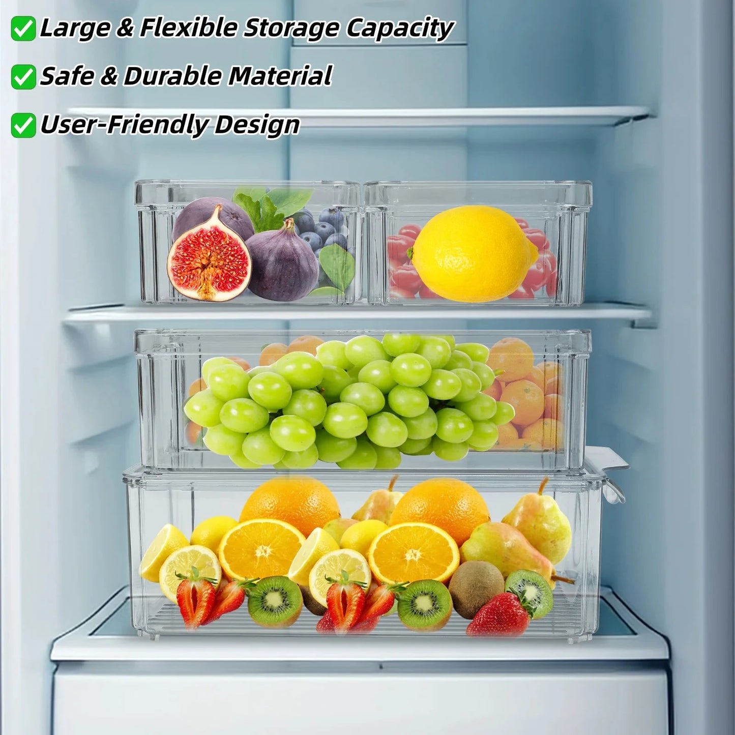 7-teilige Kühlschrank-Organizer, stapelbare Aufbewahrungsbehälter mit Deckel, durchsichtige Kunststoff-Aufbewahrungsbehälter, für Obst, Gemüse, Gefrierschrank