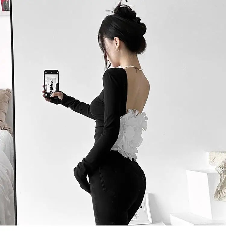 New Sexy Tshirts for Women 2025 Ropa Mujer Patchwork Tops Tunic Long Sleeve Tees Backless Crop  Fashion Casual Y2k T-shirt