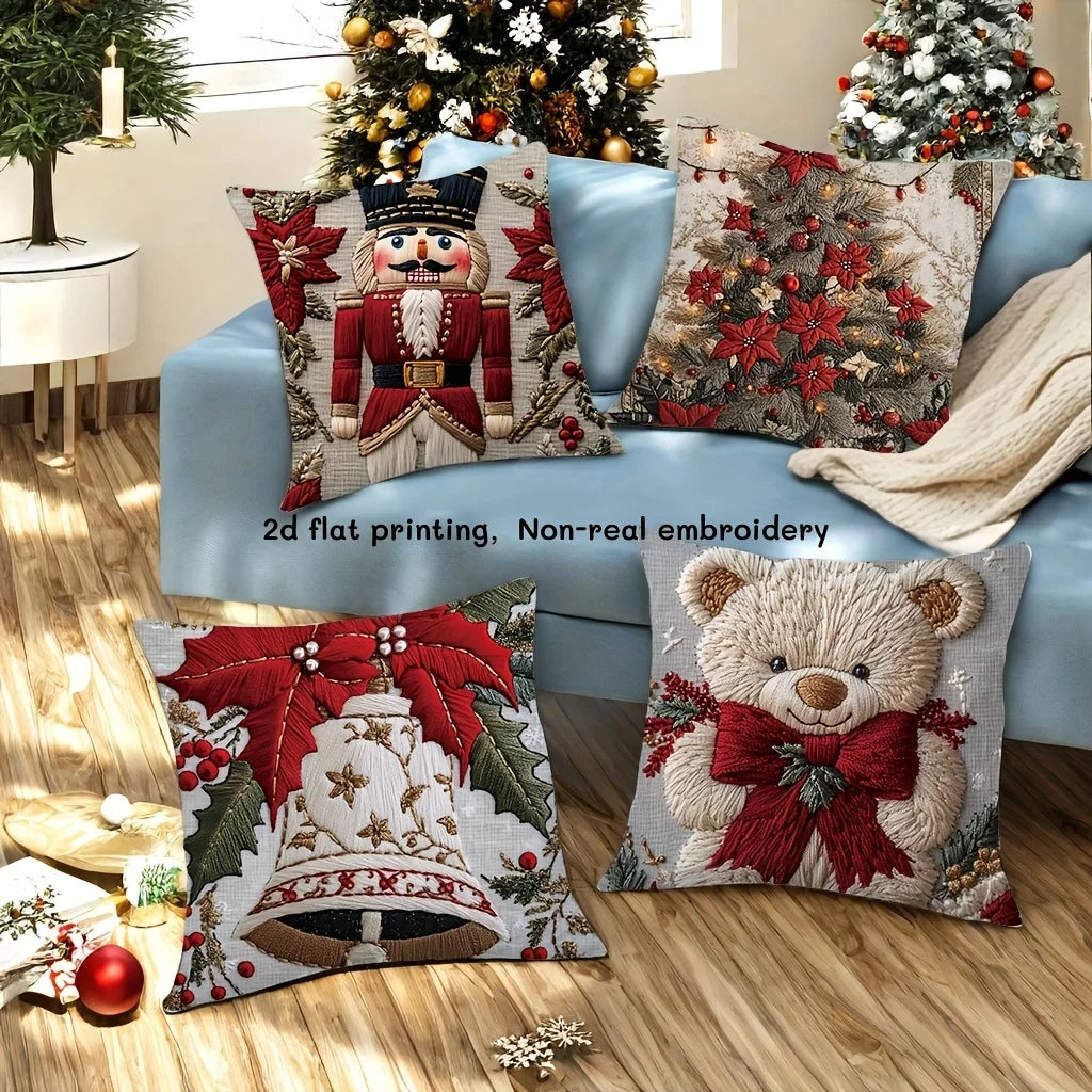 4pcs Christmas Pillow Covers - Nutcracker, Bear & Lily Print, 2D Embroidery Style, Holiday Decor for Sofa Bed