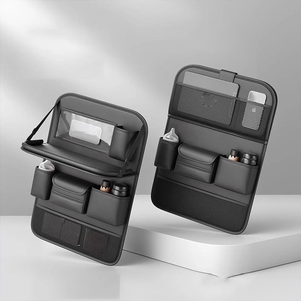 Car Seat Back Organizer PU Leather All in One Car Seat Back Storage Bag with Foldable Table Tray  Tissue Holder Anti Kick Pad