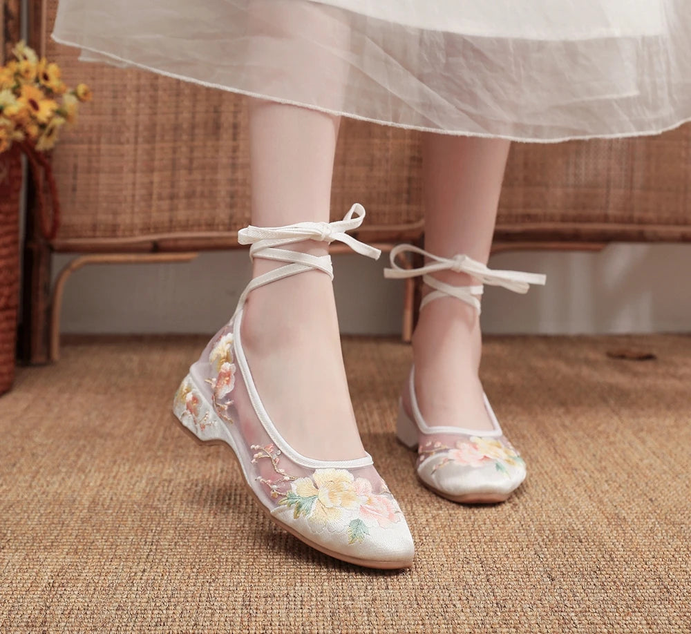 Ballerinas 2025: Veowalk Long Ankle Strap Summer Women Gauze Mesh - Embroidered Ballet Flats Breathable Comfortable Walking Shoes Elegant Lady Collection