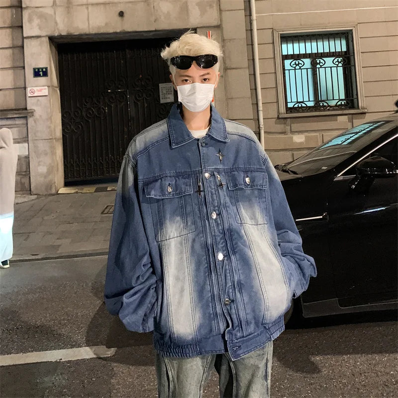 Washed Black Cargo Denim Jacket Men Baggy Zip Up Distressed Outerwear American High Street Blue Loose Casual Jeans Jacket