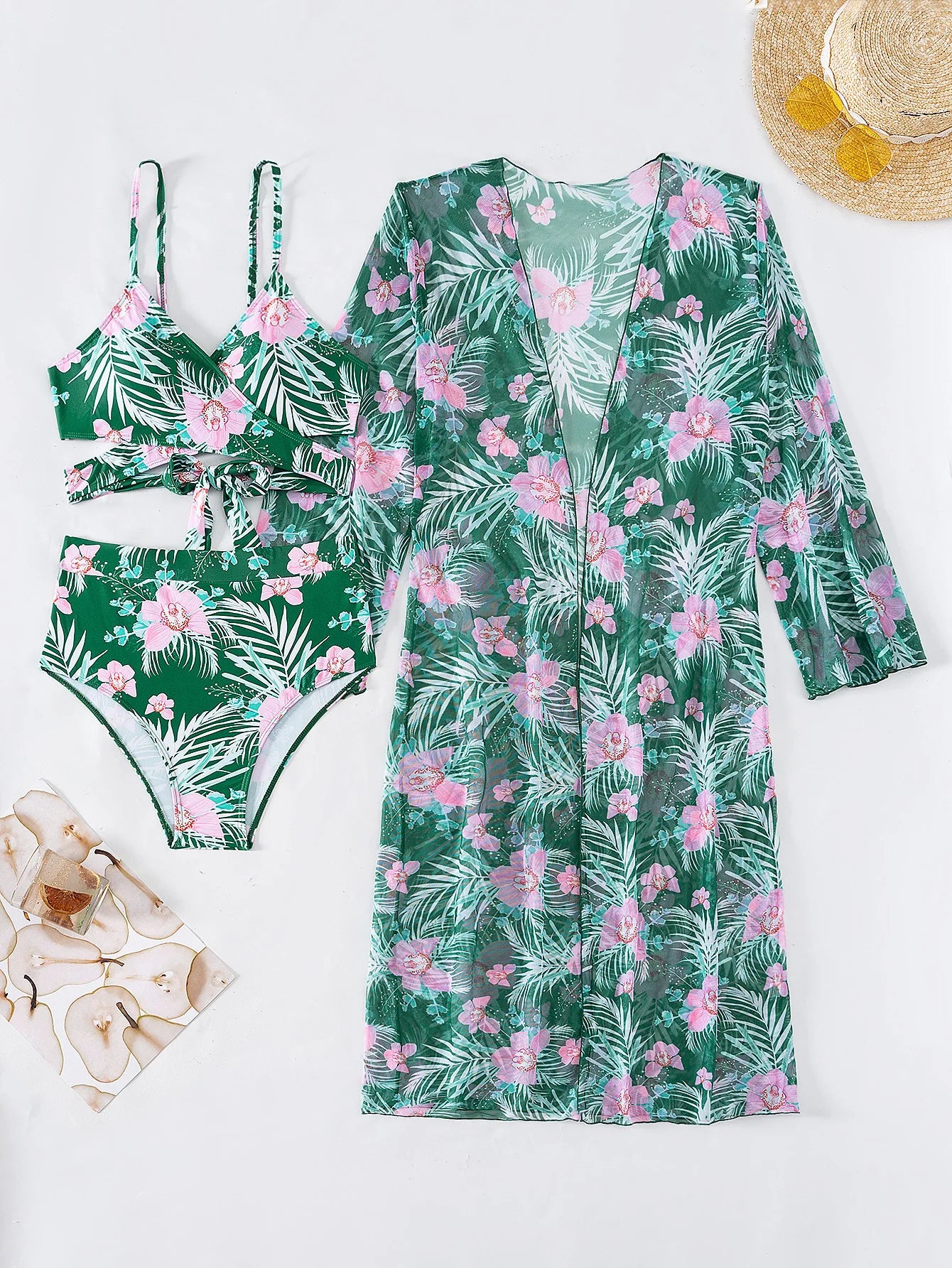 Sommer Print Schwimmanzüge: ASKATE Verbesserte Unterstützung Wire-Free Support Nylon Spandex - Dreiteilig High Waist Strand Wear Floraler Print