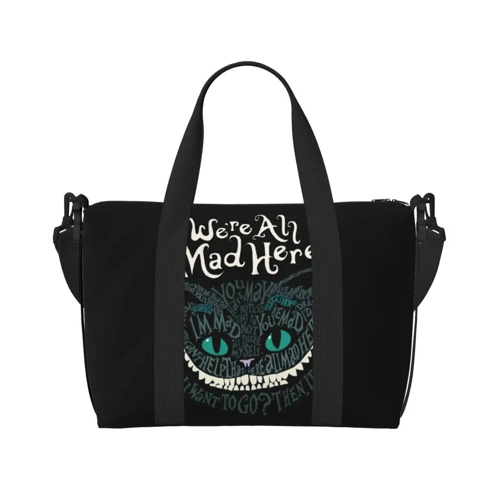 Custom Cheshire Cat Beach Tote Bag for Women We're All Mad Here Cat Big Compartment Gym Beach Travel Bags