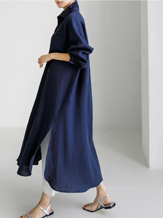 Elegant Women Shirts Dress Spring Fashion V-neck Long Sleeve Cotton Linen Maxi Dresses Ladies Casual Holiday Vestidos 2024 Robes