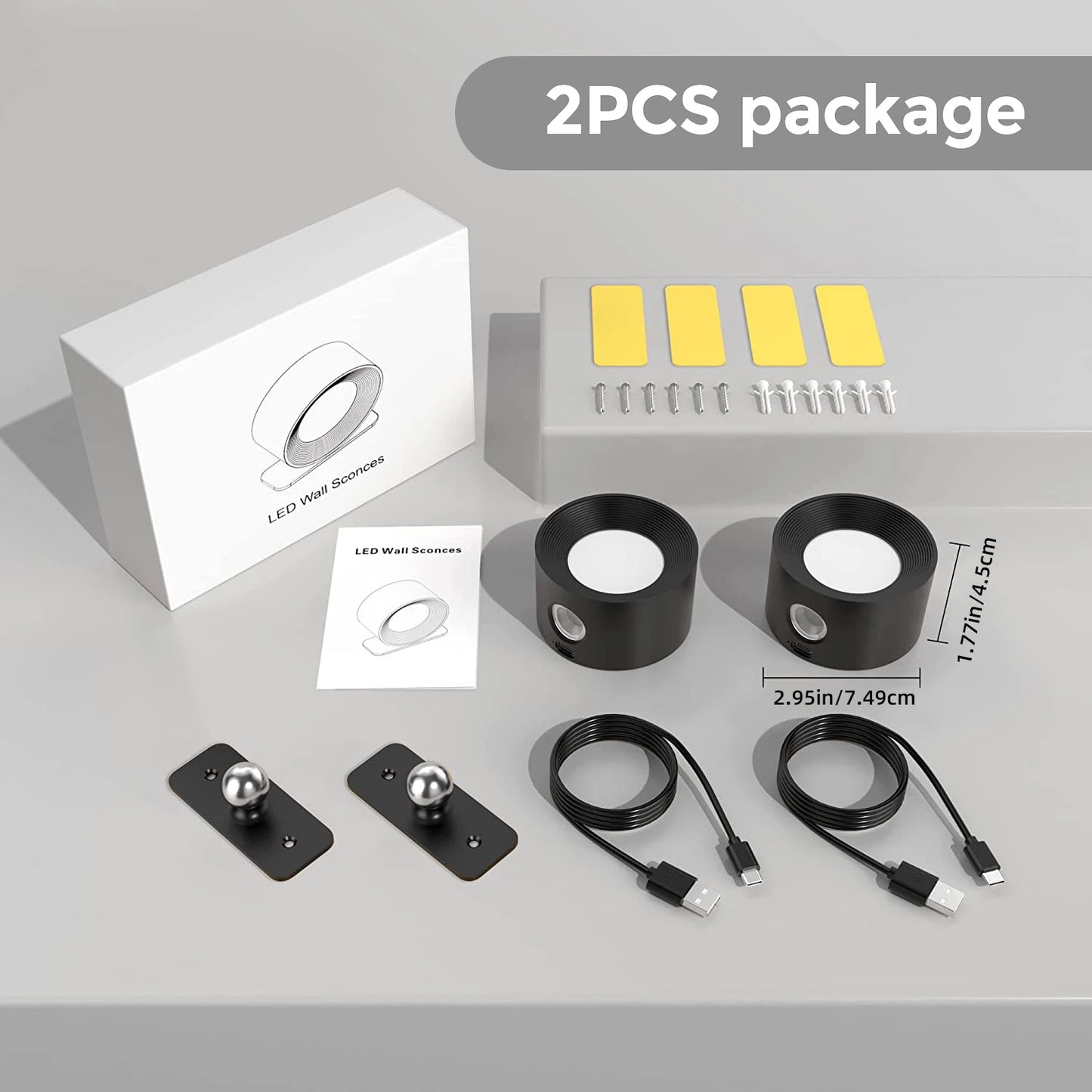 2PC Wandlicht Batteriebetriebene Lichter Rechargeable Wandarmaturen 360 Grad Frei Drehbarer Magnetball 3 Helligkeitsstufen