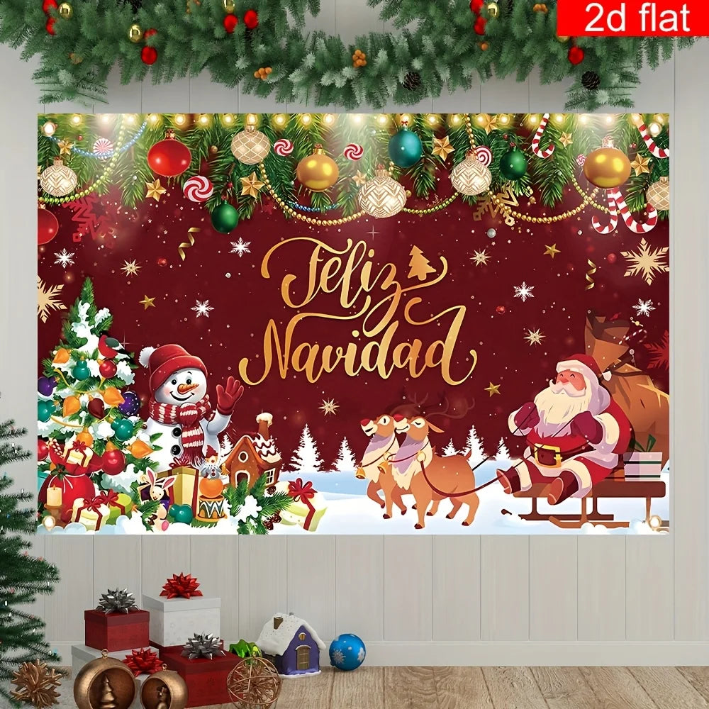 2D flat banner, 1pc, Christmas decoration banner, polyester, Spanish snow Santa Claus elk snowman pattern
