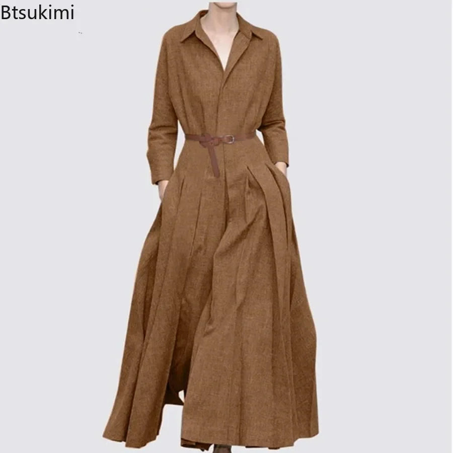 Elegant Shirt Dress for Women Fashion Lapel Temperament Long Dress Spring Autumn New Casual Office Ladies Maxi Dress Modest Robe