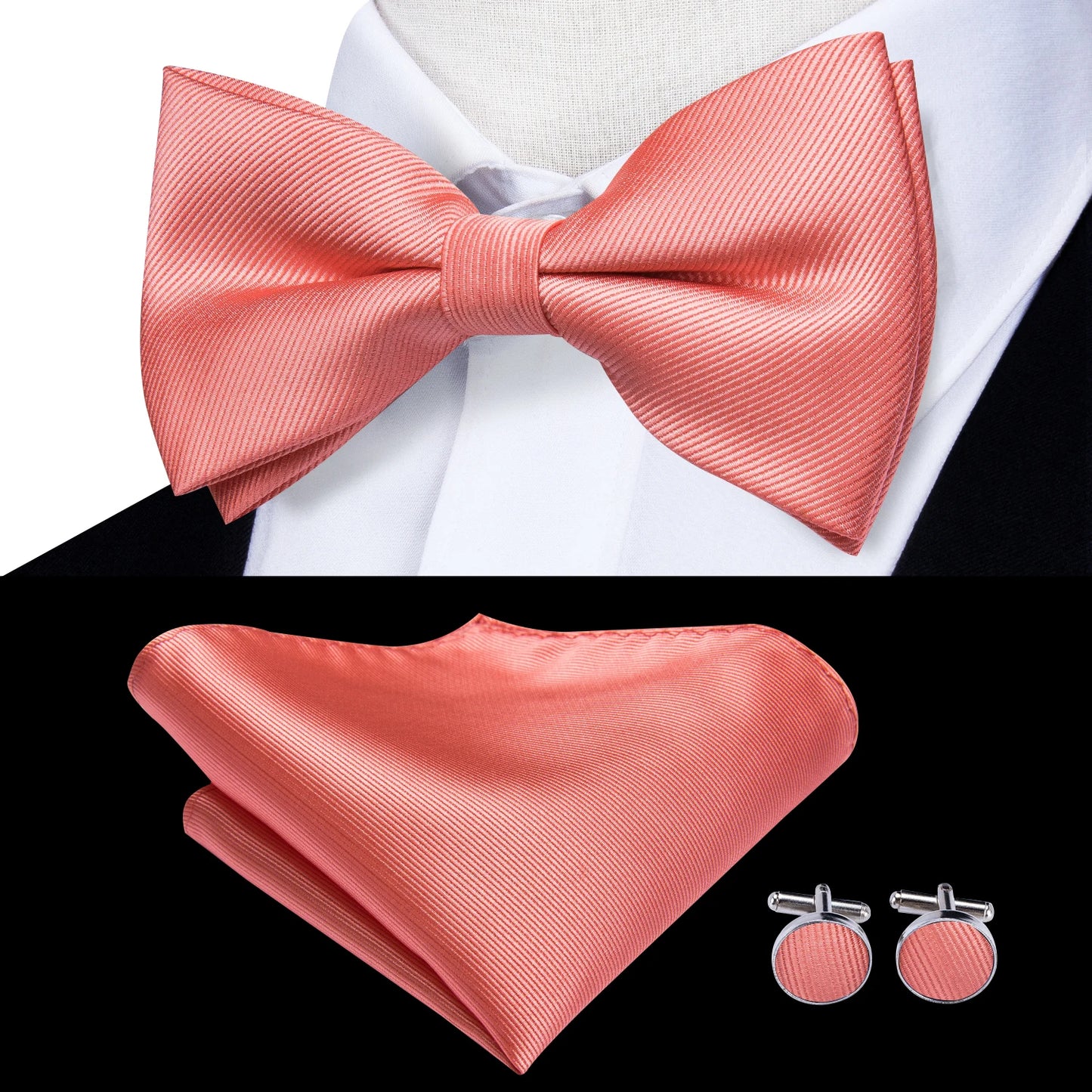 Hi-Tie Peach Pink Salmon Silk Mens Bow Tie Pocket Square Cufflinks Set Pre-tied Butterfly Knot Bowtie for Male Wedding Business