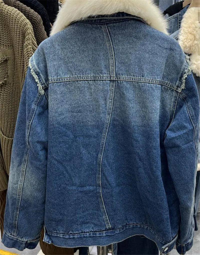Real Fox fur thick warm denim parkas female winter coat
