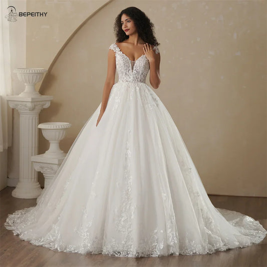 BEPEITHY Customized V-Hals Cap-Sleeves Prinzessin Hochzeitskleider Für Frauen 2025 Frühling Spitze Boho Brautkleid