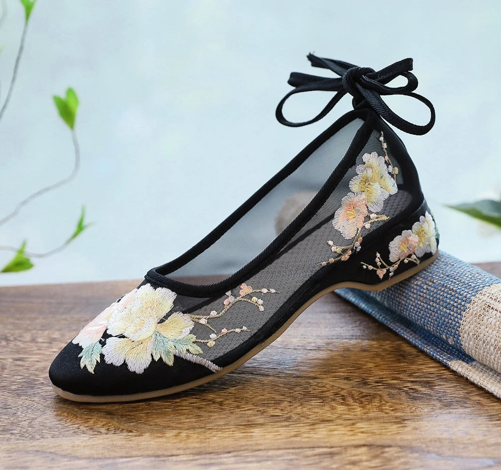 Ballerinas 2025: Veowalk Long Ankle Strap Summer Women Gauze Mesh - Embroidered Ballet Flats Breathable Comfortable Walking Shoes Elegant Lady Collection