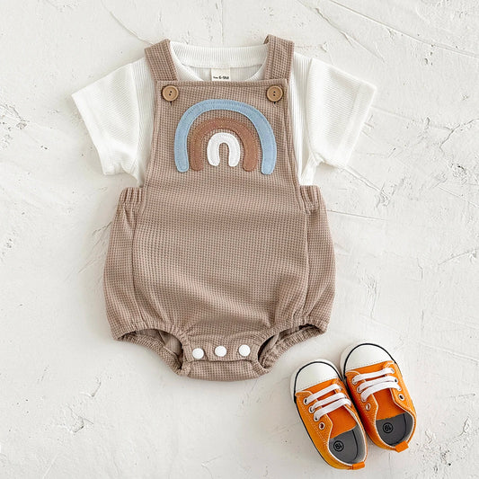 Baby Girls Clothes Bubble Romper Rainbow Patch Pullover Button Triangle Jumpsuit Boy Summer Stylish Bodysuit+T-shirt 2Pcs/Set