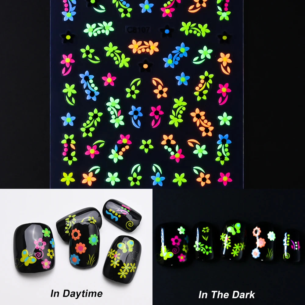 Nagel-Sticker 2025: Schmetterling-Blumen Luminous 3D - Glow-in-Dark Manicure Collection