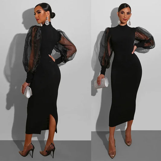 Elegant Spring Summer Dress for Women Long Sleeve Evening Gown Women Clothing Temperament Half High Collar Bodycon Dress Vestido