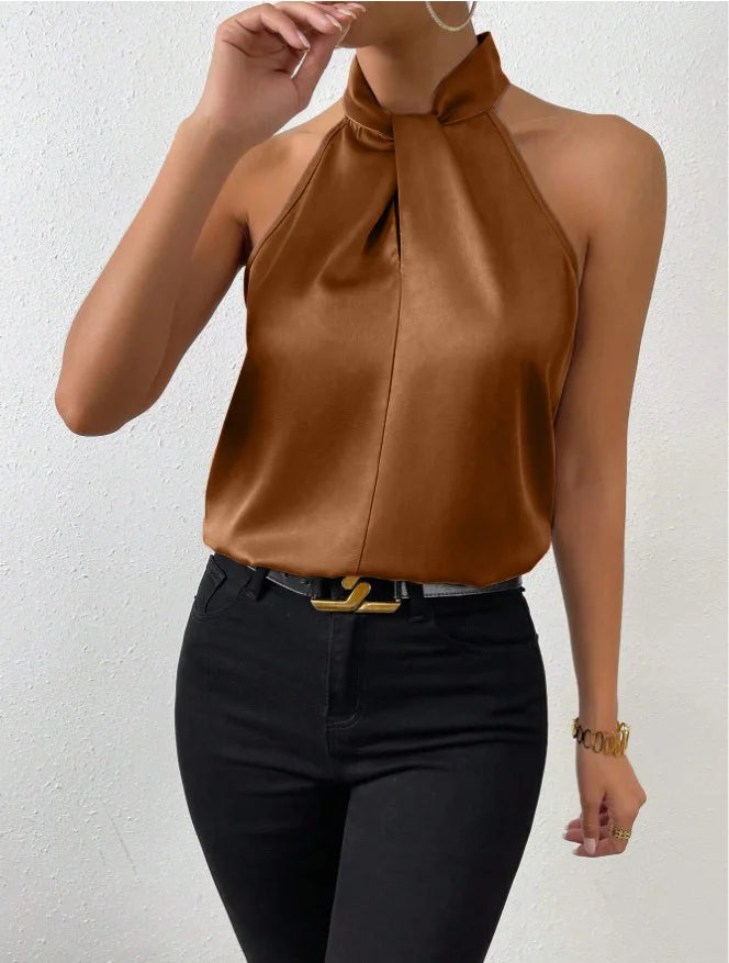 Women's Tops 2025 Summer New European and American Clothes Satin Halter Sleeveless Vest elegant Commuting Satin Simulated Silk Top