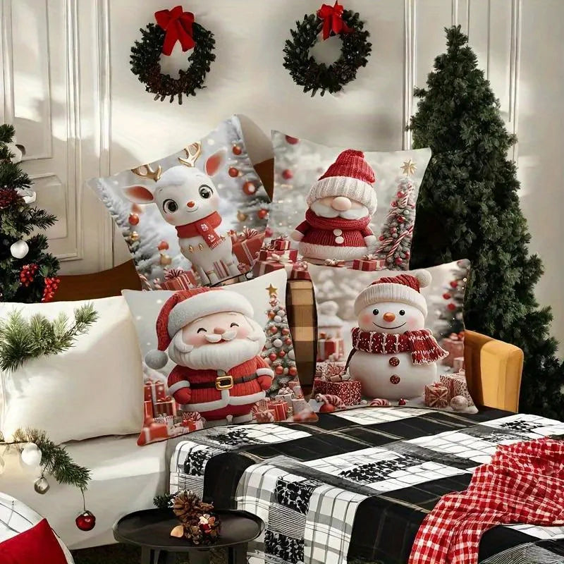 Modern Christmas Pillow Covers Set of 4, Snowman Reindeer Santa Design, Soft Polyester Zippered  for Living Room Decor