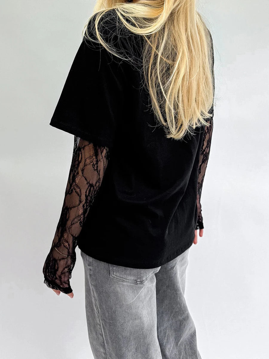 T-Shirt 2025: hirigin Women Round Neck T-Shirt Lace Long Sleeve Casual Shirts - Spring Fall Loose Fit Tops Ladies Solid Color Tee for Streetwear Y2K 00s Collection