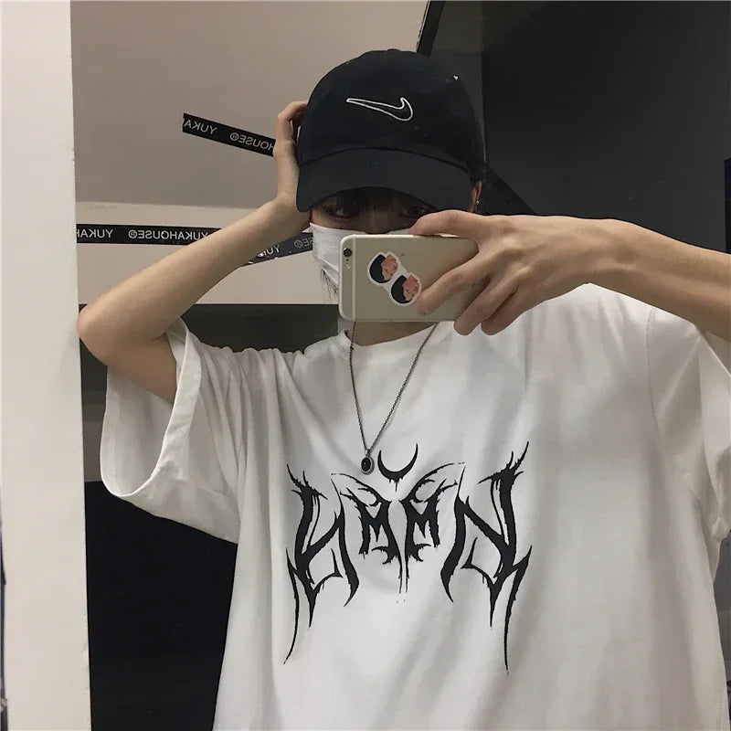 Women T Shirt Hip-Hop Loose Punk Letter Print Tops Tee Black T-shirt Female Summer T-shirt  Graphic Tee Female Cute Tops Tee