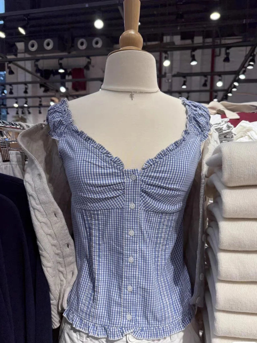 Blue Plaid Ruffles T-shirt Women Summer Folds V-neck Single Breasted Short Sleeve Tee Shirts Sweet Girls Cotton Slim Crop Top