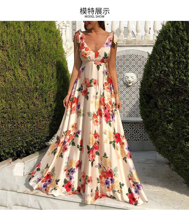 Backless women floral high waist large swing sleeveless long dresse