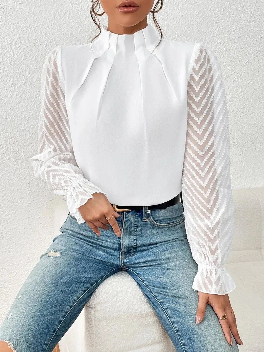 Elegant Ladies Office Shirt Tops Fashion Pleated Lace Long Sleeve T-Shirts Chiffon Shirts Casual Slim Mock Neck Blouse For Women