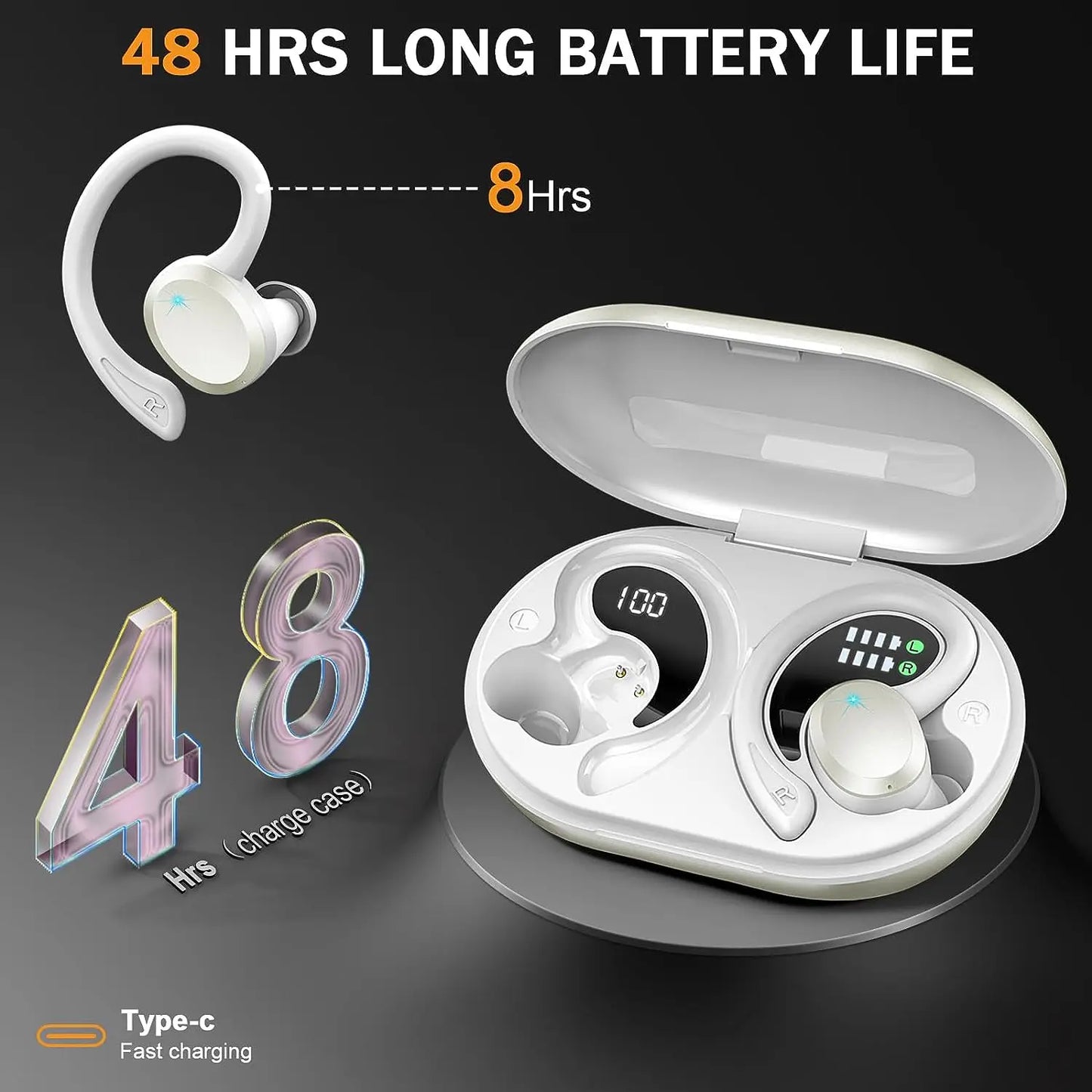 Wireless Earbuds, Bluetooth 5.3 On-Ear Headset, Noise Cancelling Mic, 48H Playtime Sports Headphones for Workout/Running.