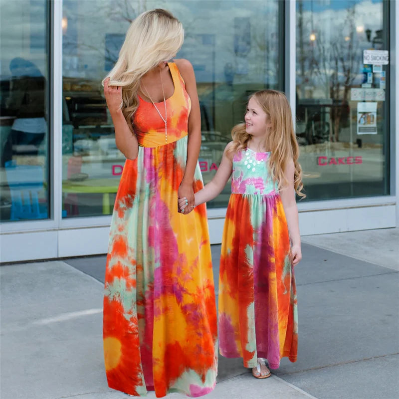 Mother Daughter Matching Dresses Family Sets Floral Fashion Woman Girls Long Dress Outfits Sleeveless Family Look Dress