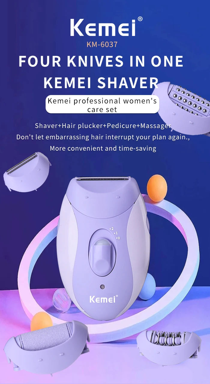 Kemei 4in1 Women Epilator Electric Shaver Facial Body Hair Removal Lady Leg Bikini Trimmer Hair Remover Underarms Rechargeable
