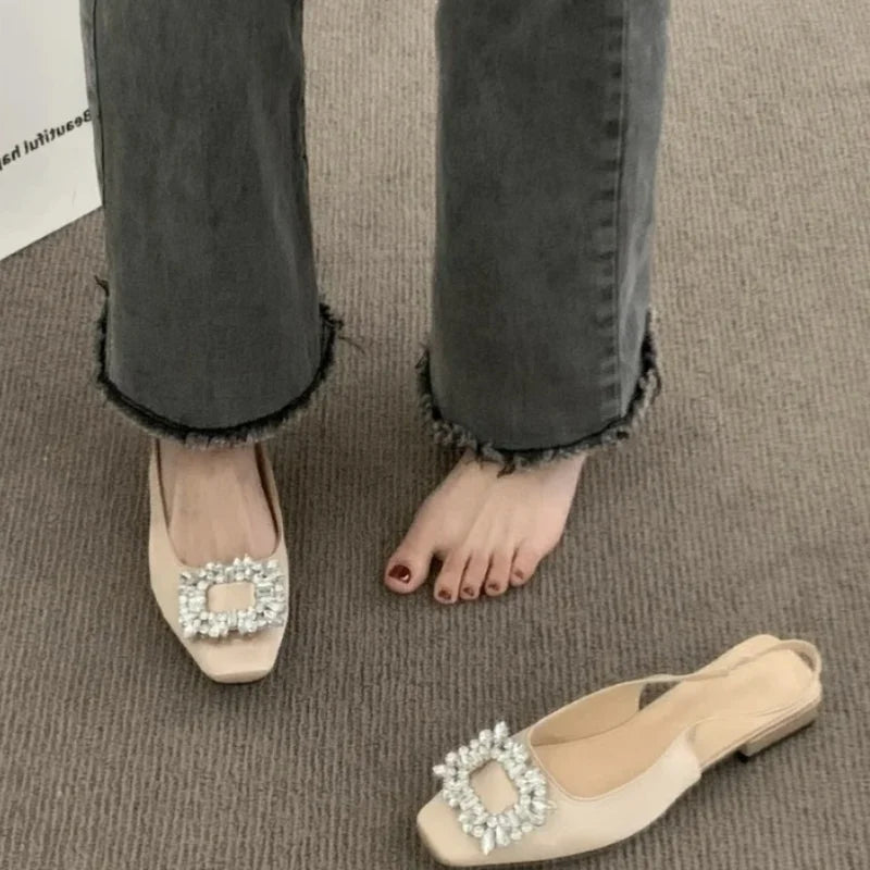Fashion Women's Sandals Summer New Slingback Slippers Female Low Heel Rhinestone Buckle Back Strap Sexy Pumps Sandalias De Mujer