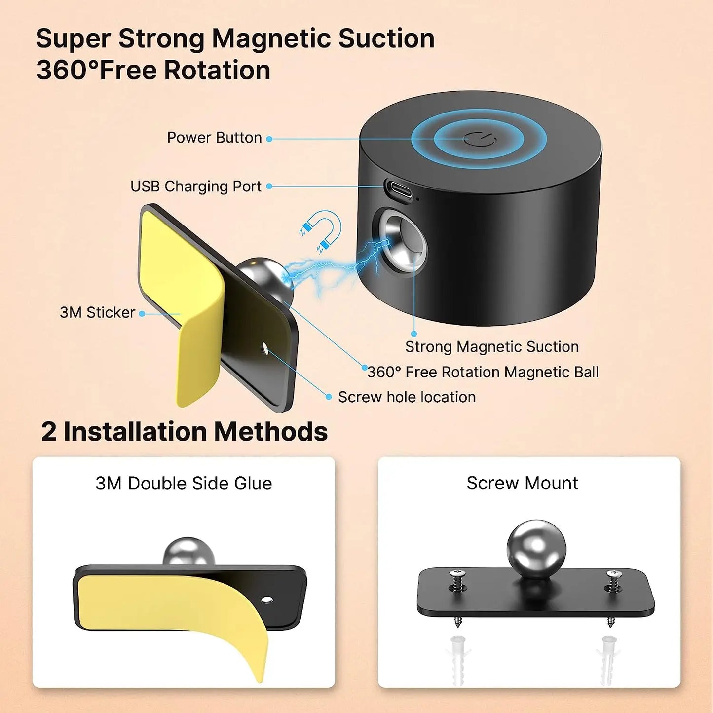 2PC Wandlicht Batteriebetriebene Lichter Rechargeable Wandarmaturen 360 Grad Frei Drehbarer Magnetball 3 Helligkeitsstufen
