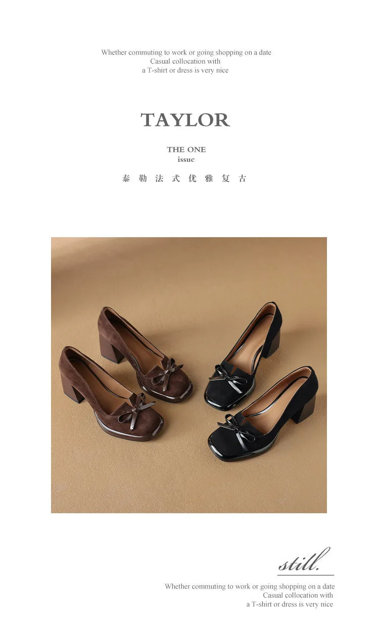 Women Shoes  Spring Retro High Heels Butterfly Knot Square Heel Faux Suede Commuting Elegant 6-8cm Pumps Tacones Para Mujer