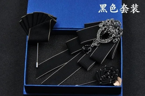 Fashion Handmade Bow Tie Wedding Collar Luxury Rhinestone Bowtie Necktie Brooch Pocket Towel Square Set Gift for Men Accessories