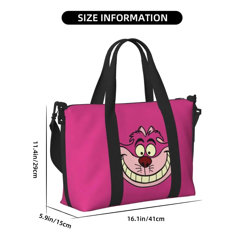 Custom Cheshire Cat Beach Tote Bag for Women We're All Mad Here Cat Big Compartment Gym Beach Travel Bags