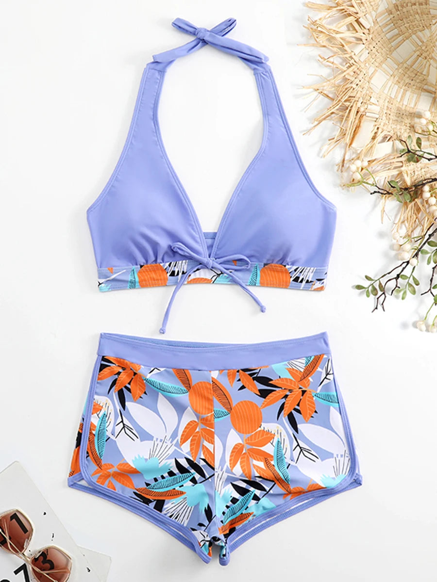 Halter Bikini Set Kurzer Schwimmanzug Frauen High Waist Bedruckte Bademode