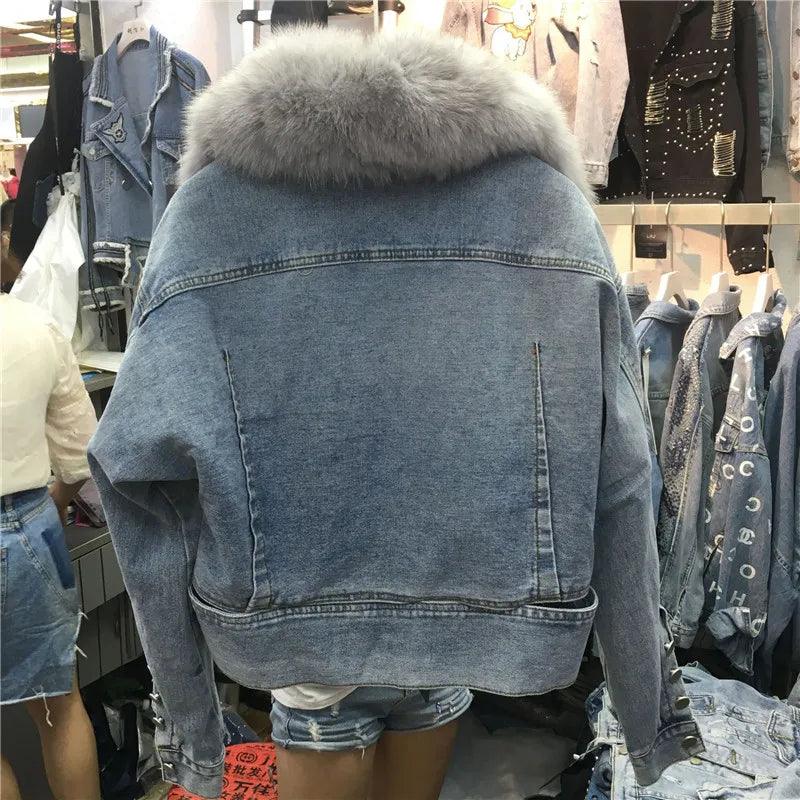 Real Fox fur thick warm denim parkas female winter coat