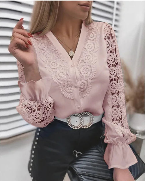 Elegant  Women Blouse White Shirt Lace Hollow Panel Long Sleeve Solid Shirts Office Lady Tops Blusas Mujer Elegantes Y Juveniles