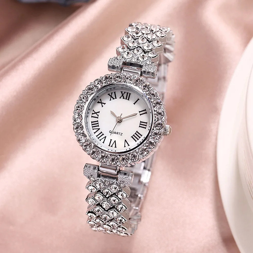 Luxus Damen Glänzende Armbanduhren 2-teiliges Set - Roségold Uhr Mode Damen Elegante Quarz Diamant Armbanduhr