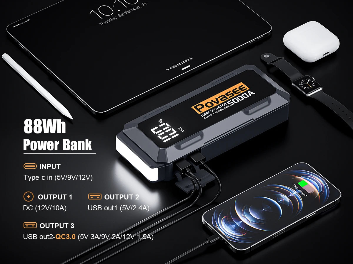Povasee Jump Starter 5000 A Spitzenstrom - 12000-18000 mAh