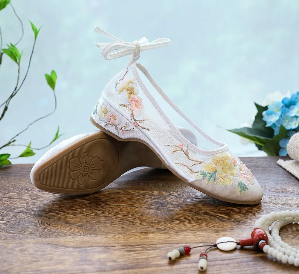 Ballerinas 2025: Veowalk Long Ankle Strap Summer Women Gauze Mesh - Embroidered Ballet Flats Breathable Comfortable Walking Shoes Elegant Lady Collection