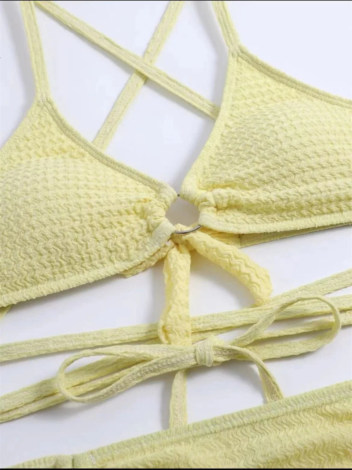 Elegant Gelber Bikini: Daxiyee Solid Halter Ring Wire-Free Low Waist - Criss Cross Cover Up 3 Teilig Rüschen Rock Office Lady
