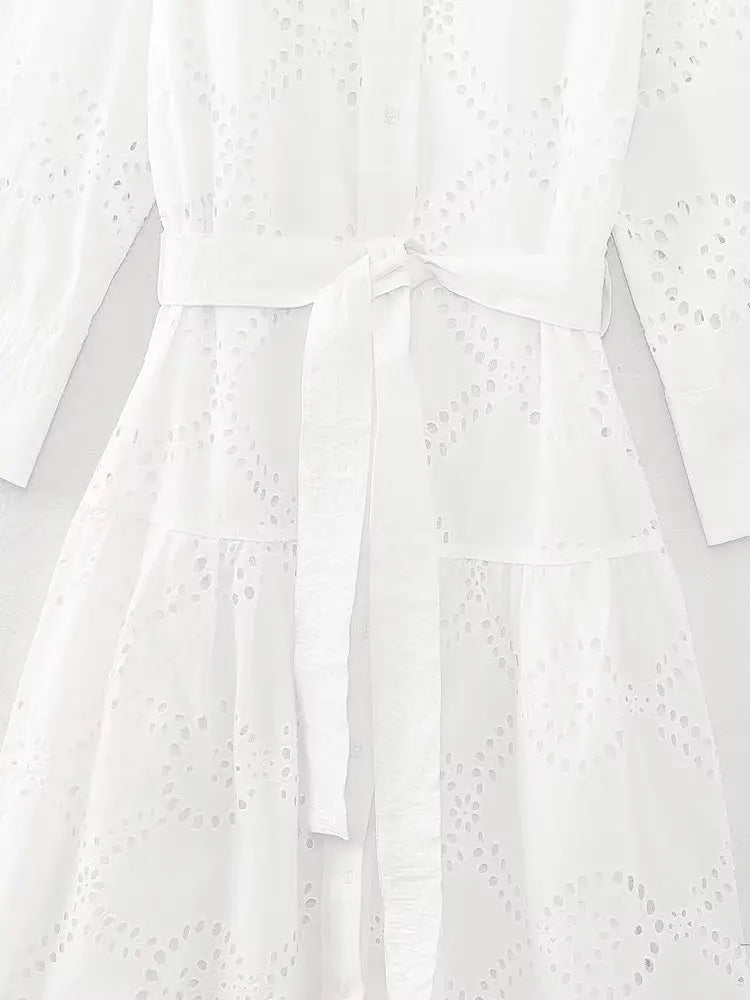 Elegant Embroidered White Dress Women Chic Lapel Long Sleeve High Waist Lace Up Maxi Dresses Fashion Female Hollow Out Vestidos