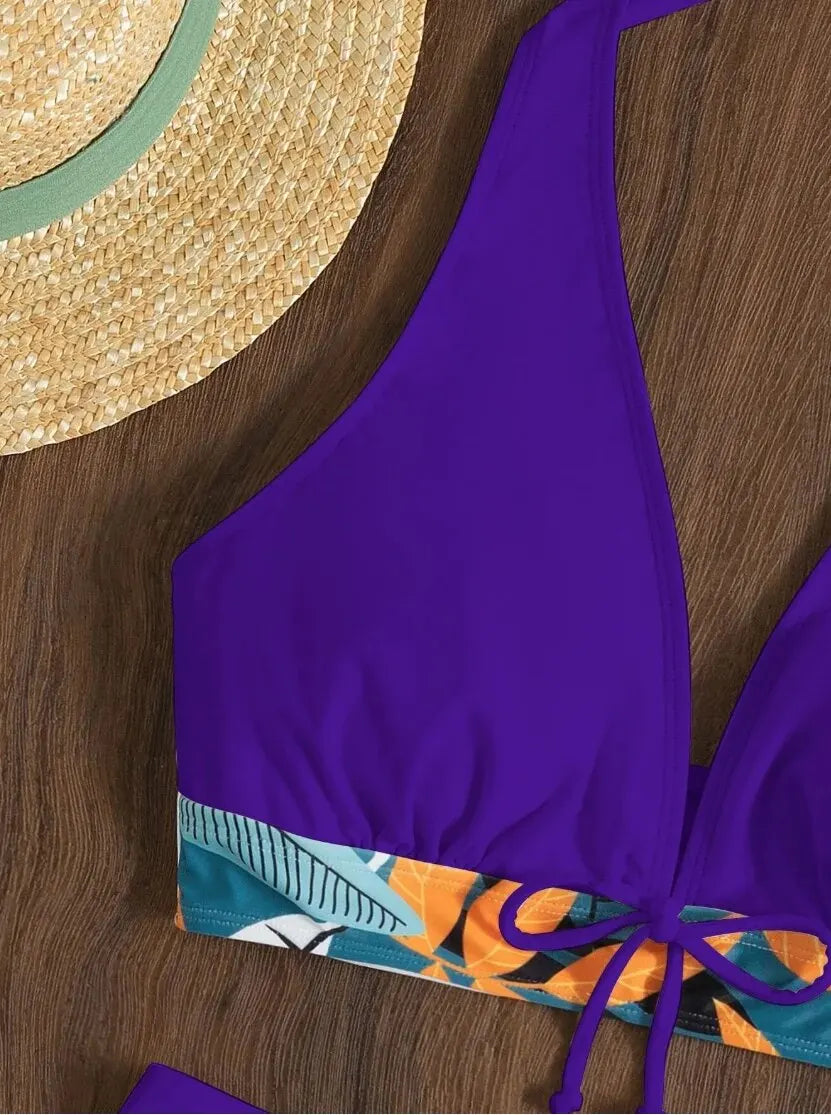 Halter Bikini Set: High Waist Design Wire-Free Support Spandex Polyester - Kurzer Schwimmanzug Frauen Bedruckte Bademode Polsterung Strandmode