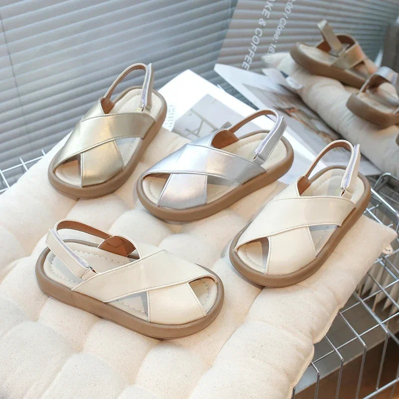 Girls Flats Solid Color Trendy Kids Sandals Hook&loop Adjustable 2025 Summer New Boys Fashion Beach Shoes Hollowed-out Chic