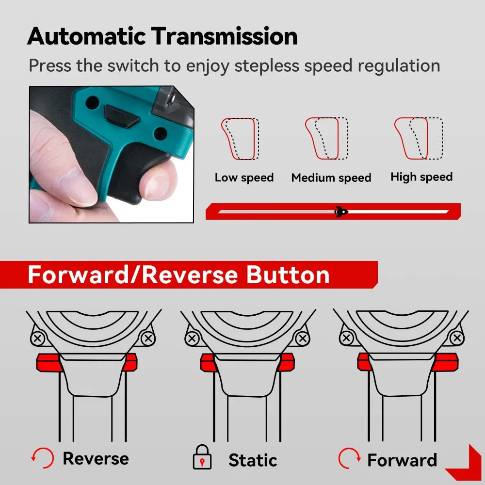 ONEVAN 1200N.M Brushless Electric Impact Wrench 3 Funtion 1/2" Cordless Screwdriver Electric Drill for BL1840B BL1850 18V Batter