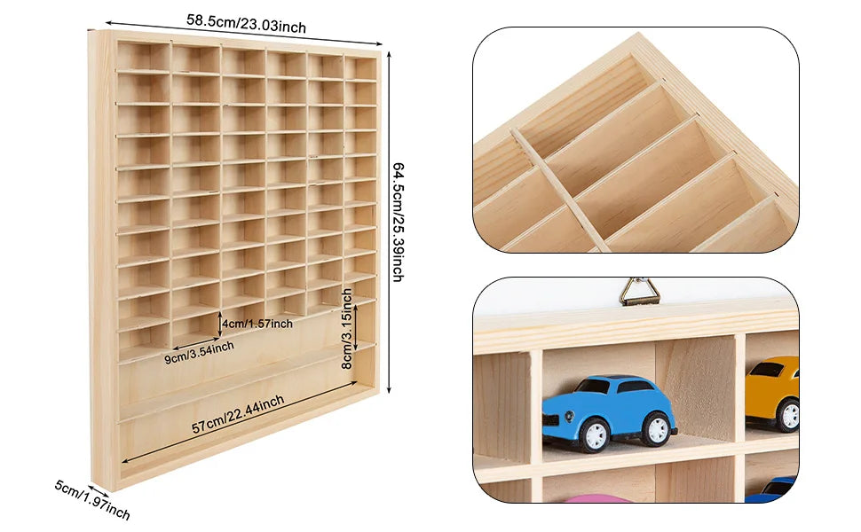 NONED Massivholz Auto Modell Box 60 Fächer Wandmontage 58,5x64,5 cm