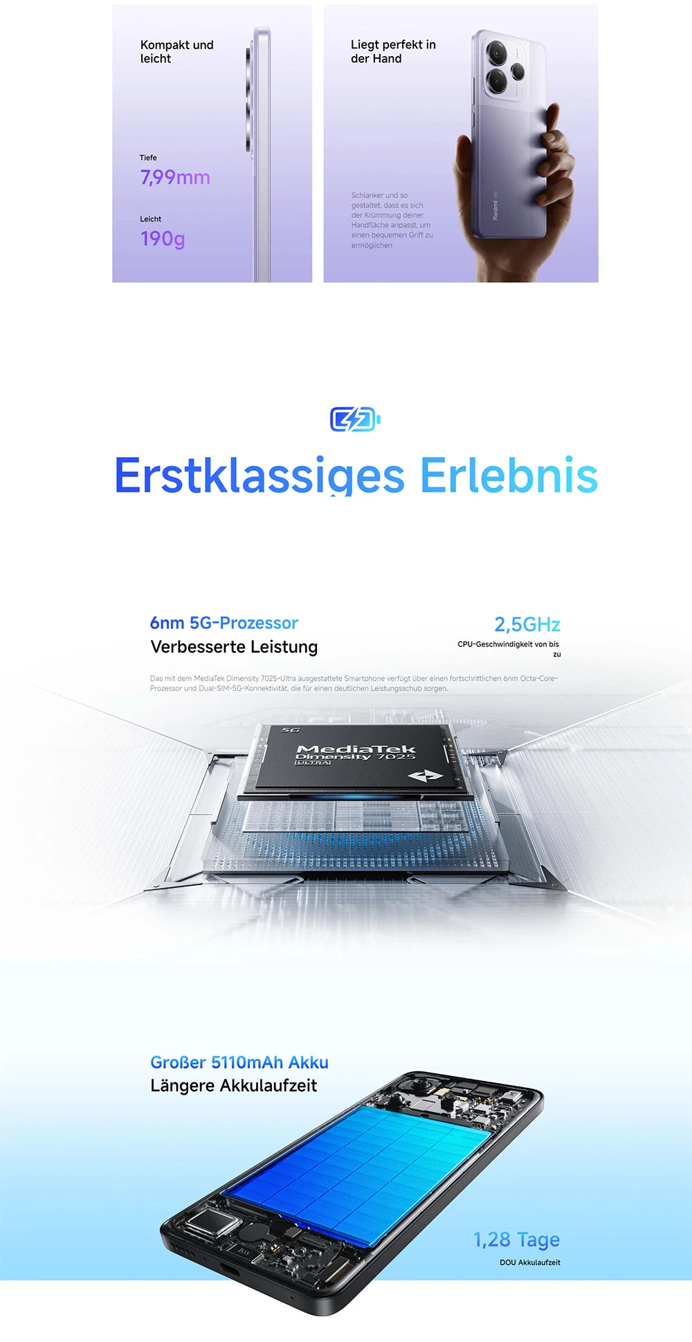 Xiaomi Redmi Note 14 5G 108MP Kamera - 5110 mAh Akku, 45 W Turbo-Ladung