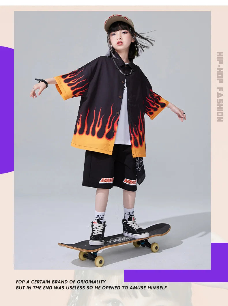 Jungen-Streetwear-Set 2025: Hip-Hop Flame-Design - Urban Dance Collection