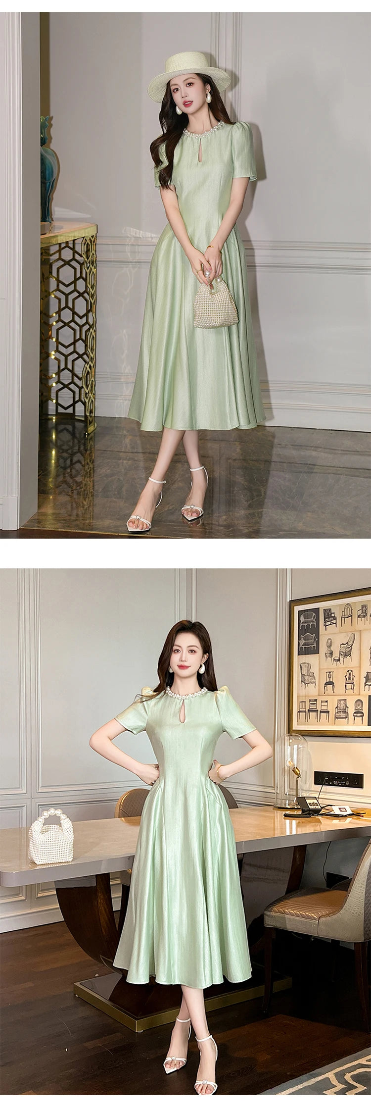 Elegant Host Evening Dress Women's French Vintage Sweet Pearl Hollow Folds Swing A-LINE Long Robe Party Catwalk Prom Vestidos